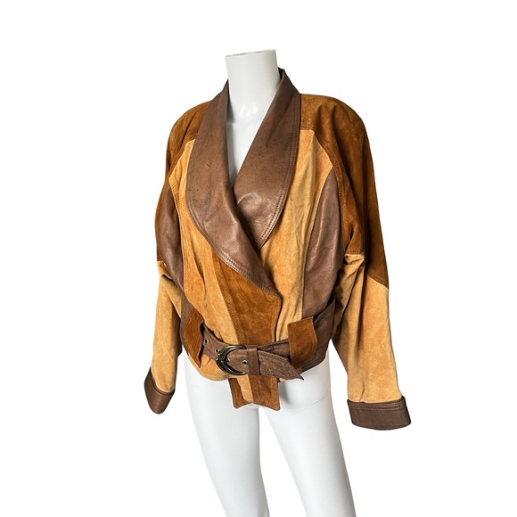 VTG The Leather Ranch le Ranch du Cuir Suede Jacket Colorblock Belted Neutral - Picture 12 of 12